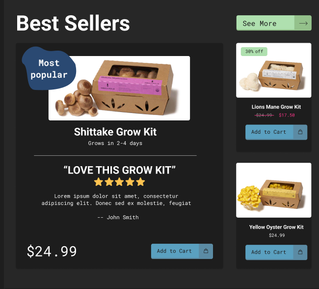 Best seller section showing mushroom grow kits