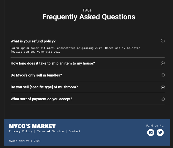 FAQ section showing an accordion of questions and answers